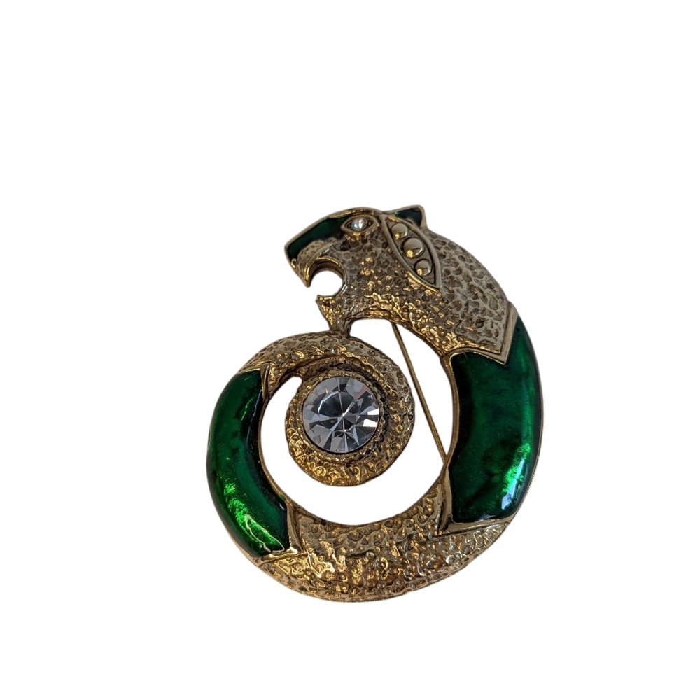 Vintage Serpent Snake Brooch Pin Enamel Green & Gold Rhinestones